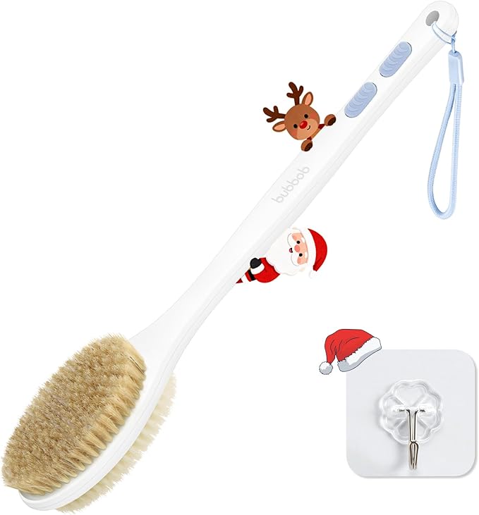 Back Scrubber for Shower with Long Handle, Exfoliating Bath Brush for Body - Double Sided Bristles (Stiff & Soft), Anti-Slip Grip, Lightweight - Gift for Seniors, Includes Lanyard & Hook, Blue