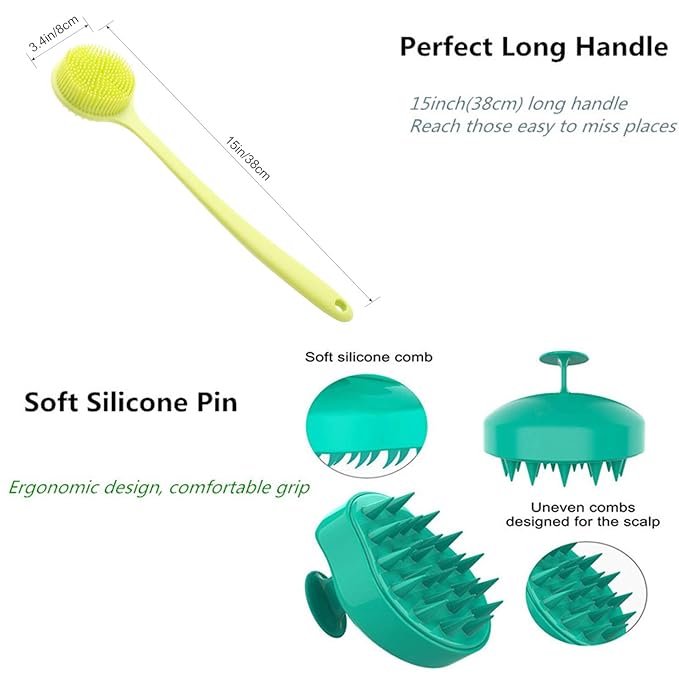 Silicone Body Scrubber & Scalp Massager - Long Handle Back Brush for Shower, Exfoliating Scrubber, Hair Dandruff Shampoo Brush for Men, Women & Kids