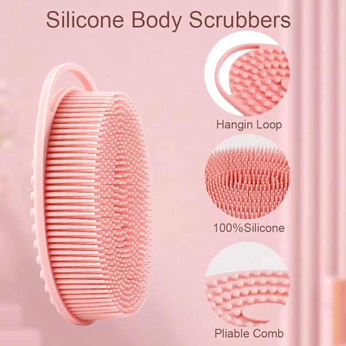 Soft Silicone Body Scrubber 2 PCS Silicone Body Shower, Silicone Loofah 2 in 1 Bath and Shampoo Brush, Body Scrubber Shower Cleaning Exfoliating Use for Sensitive Skin, Lather Well(Pink and Blue)
