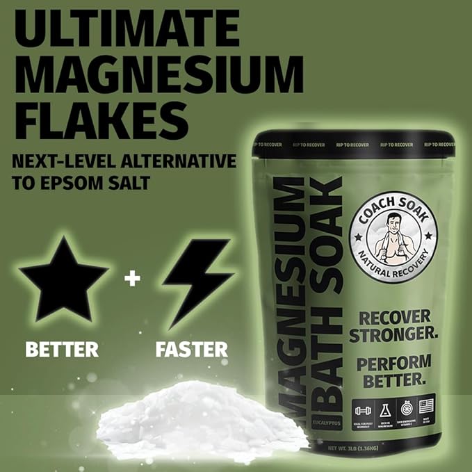 Coach Soak Recovery Bath Soak - Alternative to Epsom Salt Bath Soak - Fast-Absorbing Pure Magnesium Flakes & Dead Sea Salt with 21 Minerals, Bath Salts & Essential Oils - 3 lb, Eucalyptus Tee Tree