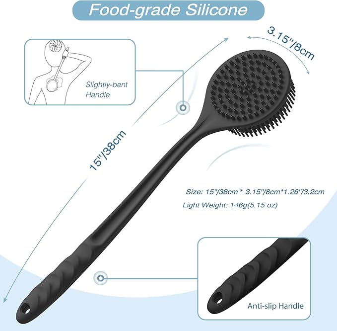 Manmihealth Silicone Back Scrubber (Thin Bristles) & Bath Glove & Face Brush Set(3PCS), Super-Exfoliating & Lathering Body Scrubber, Shower Brush, Face Scrubber Combination, with a Free Hook.(Black)
