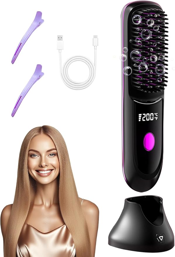 Go Brush Pro Hair Straightener – Cordless Comb with Base Negative Ion, 6000mAh Fast Heating & Portable Travel Design, Rechargeable Brush for Straightening and Curling (Black-1Pcs)