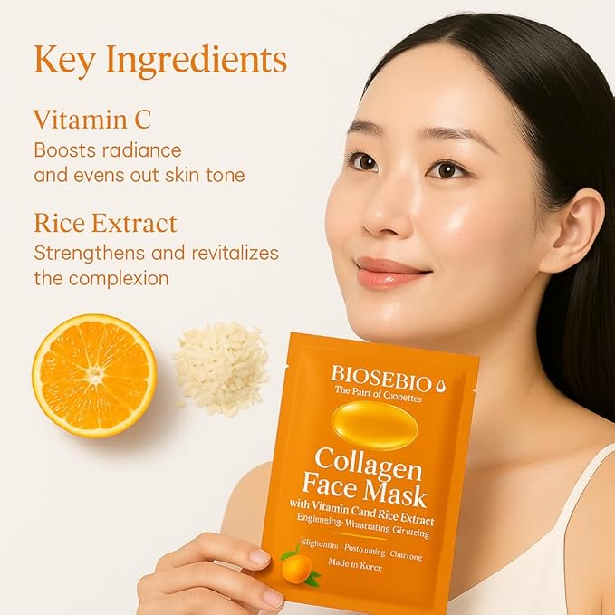 BIOSEBIO Korean Collagen Face Mask with Vitamin C & Rice Extract -5 Packs - Hyaluronic Acid Sheet Masks for Deep Hydration & Anti-Aging - Moisturizing Facial Skincare for Women
