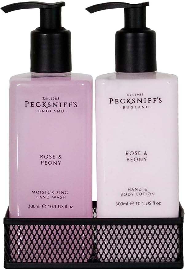 Pecksniffs Moisturizing Hand Wash and Hand & Body Lotion Caddy Set - Rose & Peony in a Black Mesh Caddy, 300 ml/10.14 fl oz