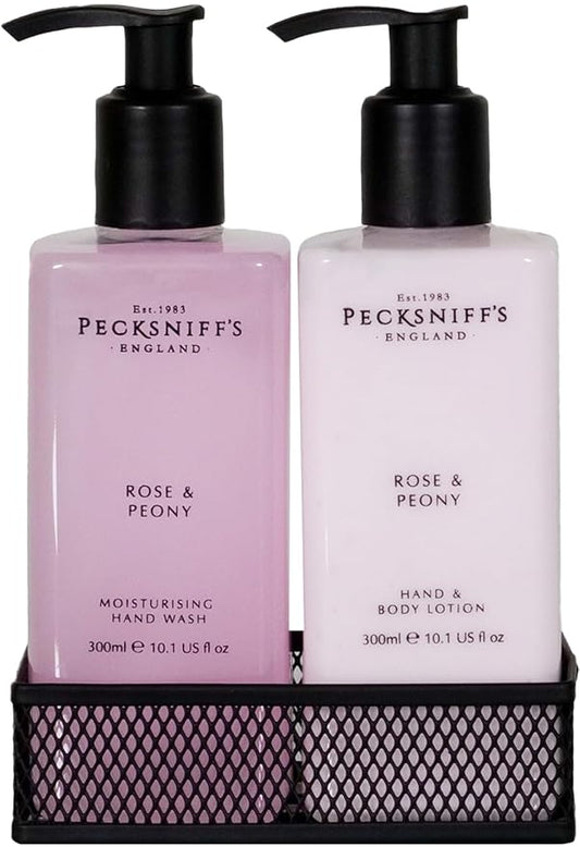 Pecksniffs Moisturizing Hand Wash and Hand & Body Lotion Caddy Set - Rose & Peony in a Black Mesh Caddy, 300 ml/10.14 fl oz