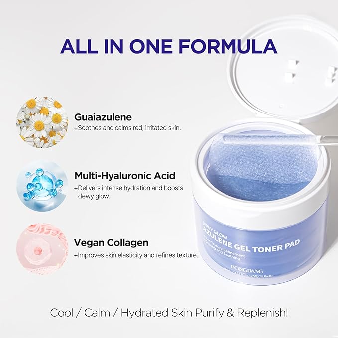 PONGDANG Dewy Glow Azulene Gel Toner Pad | Cooling Calm | Korean Gel Toner Pads with Guai Azulen, Chamomile | Soothing, Radiance & Uneven Skin Tone | Korean Skin Care