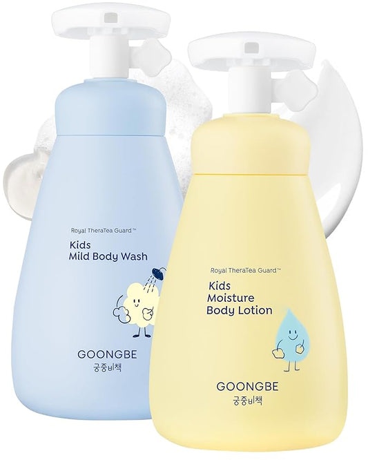 GOONGBE Kids Complete Body Care Set - Korean Low pH Body Wash & 24hr Moisturizing Lotion - Hydrating Formula with Panthenol, Amino Acids, Cica & Squalane - Allergen-Free Scent, 10.1 fl.oz & 2.7 fl.oz