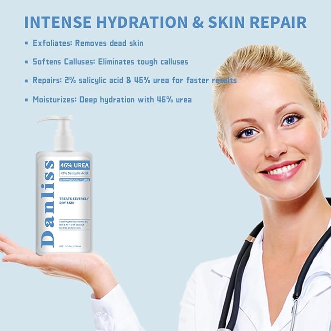 Urea Cream 46% with 2% Salicylic Acid for Dry Cracked Feet, Heels, Knees, Elbows, Hands Repair Treatment 5.3 Oz Extra Care Body Deep Moisturizing Cream Dry Skin Intensive