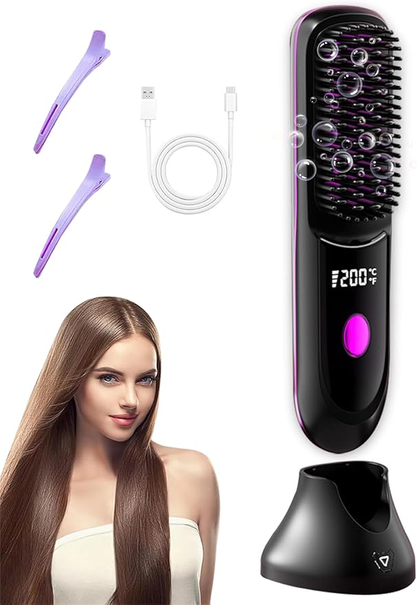 Go Brush Pro Hair Straightener – Cordless Comb with Negative Ion, 7400mAh Fast Heating & Portable Travel Design, Rechargeable Brush for Straightening and Curling (Black-1Pcs)
