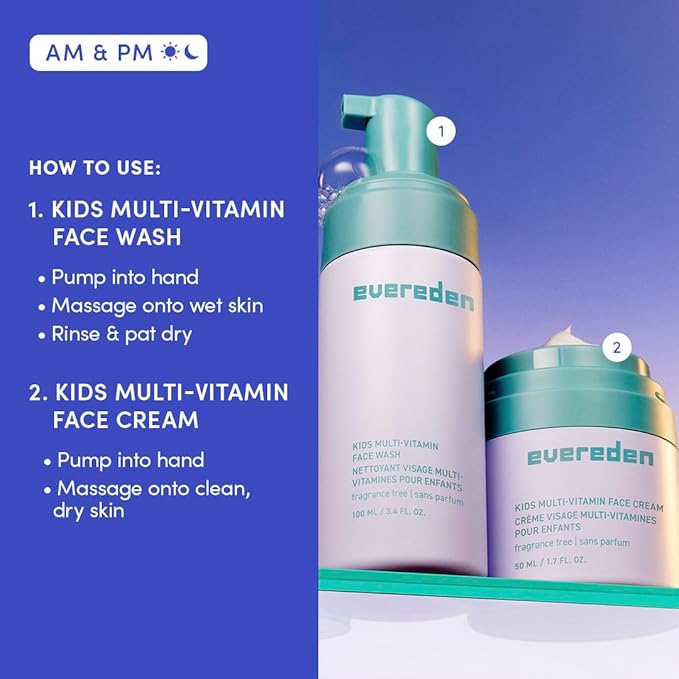 Evereden Fragrance-Free Kids Happy Face Duo - Unscented Multi-Vitamin Face Wash & Face Cream Set - Clean & Vegan Skin Care for Kids 3+ - Moisturizing, Nourishing, & Protective Skin Care Set