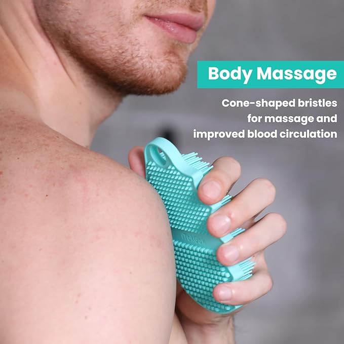 Silicone Body Scrubber Silver-Infused Dual-Sided 3-in-1 for Shower, Body Cleaning+Massage+Exfoliator Body Brush Buffer for Men and Women, Silicone Loofah, Non-Slip Handle (Mint Green)