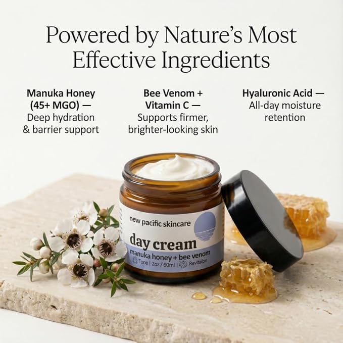 Manuka Honey 45+ MGO & Bee Venom Day Cream | 100% Natural Firming Anti-Wrinkle Face Moisturizer with Hyaluronic Acid & Vitamin C | 2oz
