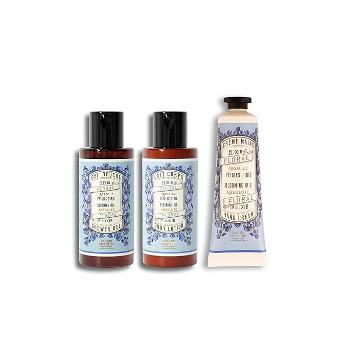 Panier des Sens - Travel Pouch Iris Gift Set - Shower Gel 3.3 fl oz + Body Lotion 3.3 fl oz + Hand Cream 1 fl oz - 97% Natural Ingredients - Made in France, Vegan Friendly Body Care