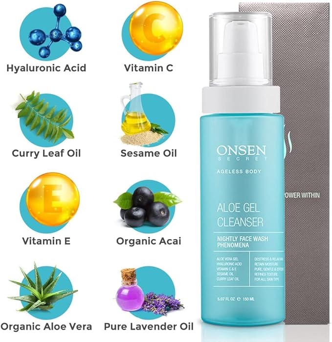 Onsen Secret Japanese Aloe Vera Face Wash - Premium Nightly Facial Cleanser for Makeup Removal, Heals Dry & Sensitive Skin, Hyaluronic Acid, Curry Leaf Oil, Vitamin C & E, Gel Cleanser
