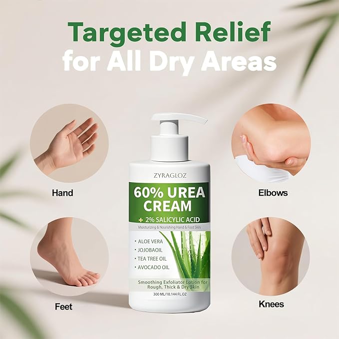 60% Urea Cream with 2% Salicylic Acid, Urea Cream 60 Percent for Feet & Hands, Maximum Strength Moisturizer Foot Lotion for Dry Cracked Heels Feet Knees Elbows Hands, Callus Remover, 10.1 fl oz