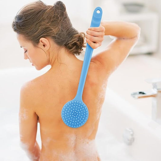 Generic Silicone Bath Brush Long Handle Double Sided Soft Hair Bath Scrub Massage Brush Lazy Back Rubbing Artifact Thickened Body Brush, Blue