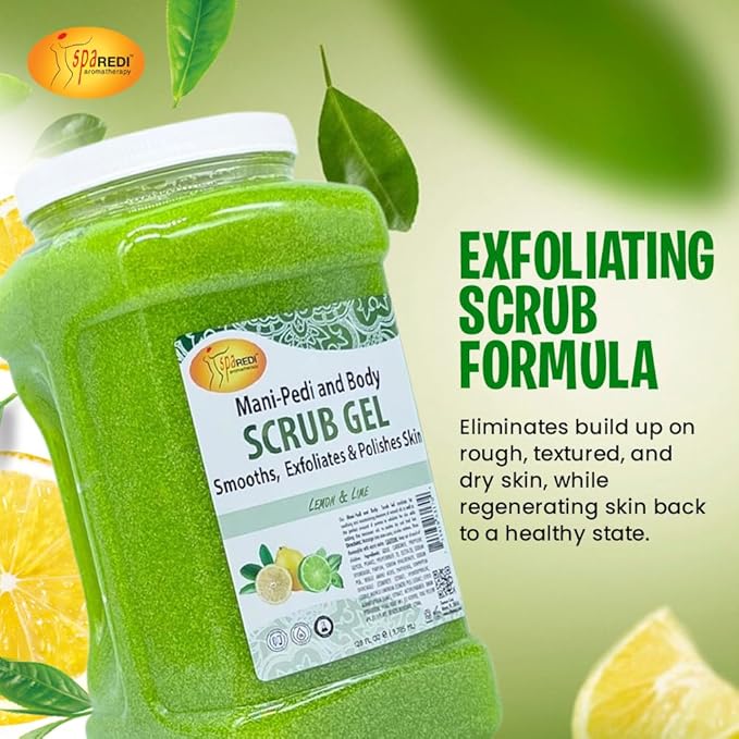 SPA REDI – Lemon & Lime Pumice Scrub Gel, Exfoliating, Hydrating & Nourishing, Infused with Hyaluronic Acid, Amino Acids, Panthenol and Comfrey Extract for Glowy Smooth Skin – 128oz Gallon