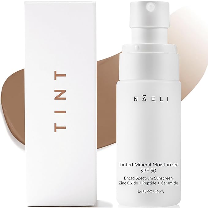 NAELI Anti Aging Tinted Moisturizer SPF 50, Mineral Sunscreen for Face with Zinc Oxide, Peptides & Ceramides, Natural Hydrating Dark Tint - 1.4 oz