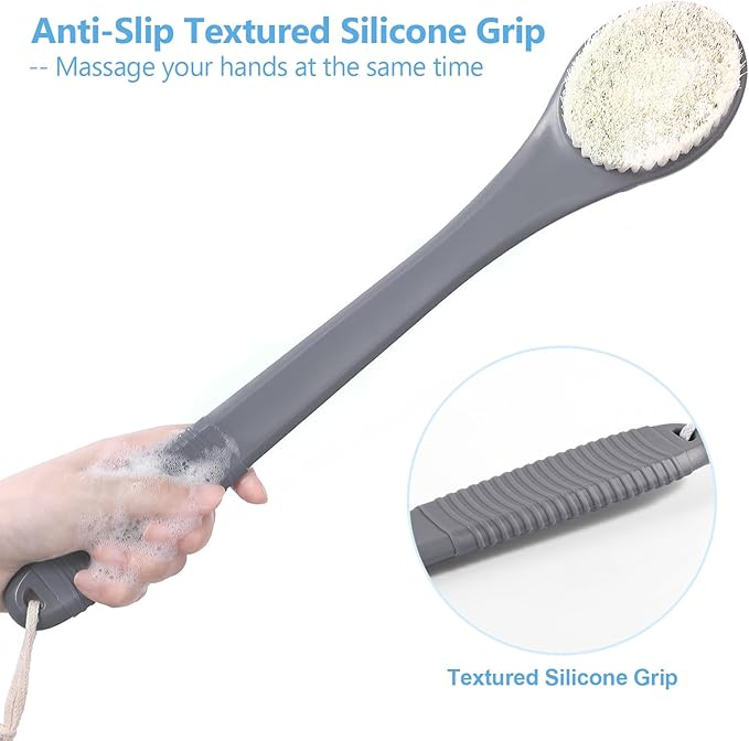 17-Inch Back Scrubber for Shower, Anti-Slip Exfoliating Body Brush for Bath, Gentle Back Brush for Shower for Men, and Women, Cleaning Skin for Smooth, Glowing Skin (Grey)