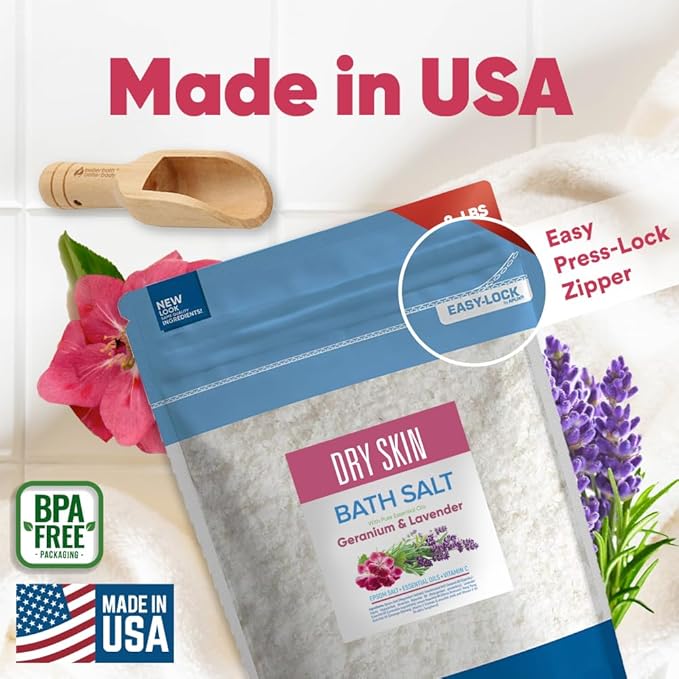 Dry Skin Bath Salt 128 Ounces Epsom Salt with Natural Geranium, Lavender, Ylang Ylang, and Lemon Essential Oils Plus Vitamin C in BPA Free Pouch with Easy Press-Lock Seal