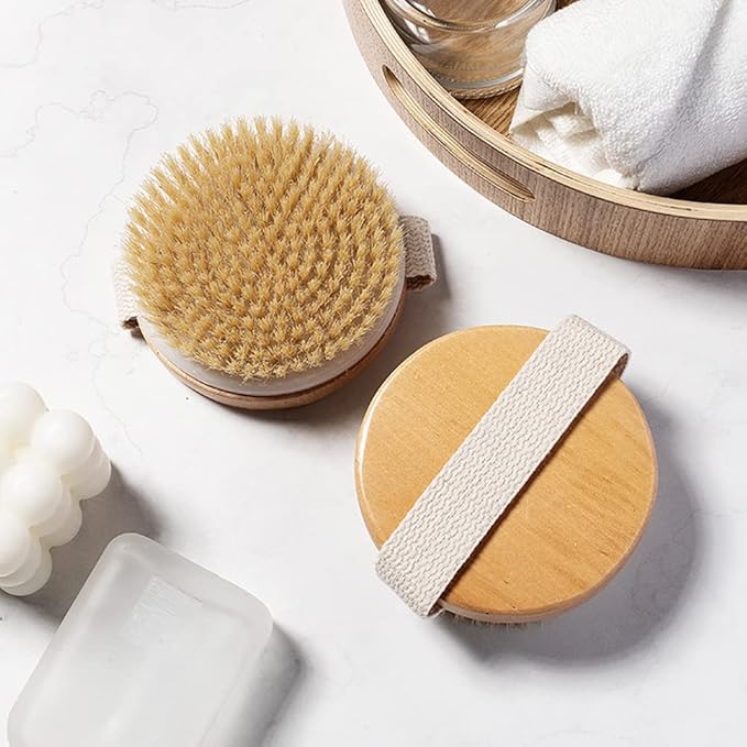 Round Wooden Natural Bristles Dry Bath Body Brush, Dia4.3” Handheld Shower Brush Back Scrubber for Exfoliating, Cellulite and Detox, etc.