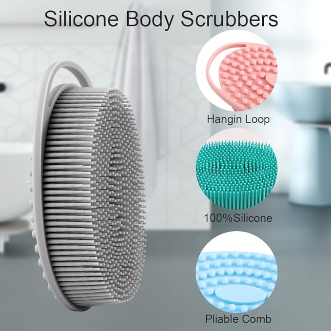 Soft Silicone Body Scrubber 6 PCS Silicone Body Shower, Silicone Loofah 2 in 4 Bath and Shampoo Brush, Body Scrubber Shower Cleaning Exfoliating Use for Sensitive Skin, Lather Well