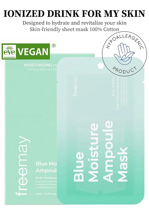 freemay Blue Moisture Ampoule Mask Deep Hydration with 8 Hyaluronic Acids & Phyto-Amino Acid Complex, Vegan Sheet Mask for Smoothing Fine Lines, Dry & Mature Skin, 10 Sheets