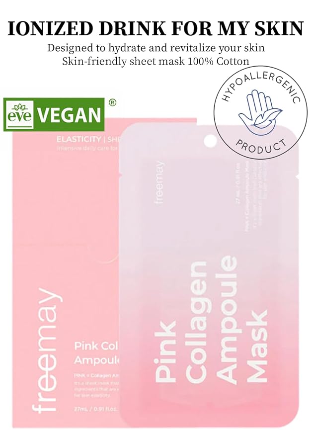 freemay Vegan Ampoule Mask Intensive Hydration Deeply Moisturizing & Anti-Aging All skin types Eve Vegan Certified 10 Sheets (Pink Collagen)
