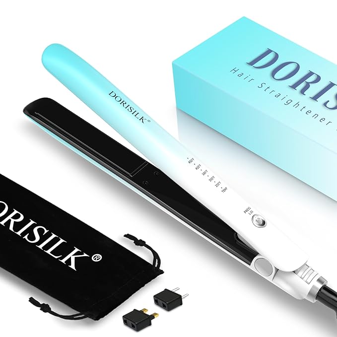 DORISILK Dual Voltage Flat Iron 1 Inch, Ceramic Hair Straightener and Curler 2 in 1, 450℉ Straightening Iron for Thin Thick Hair, Frizz-Free Smooth Tech 30s Fast Heat Gift for Women Girls, Blue White