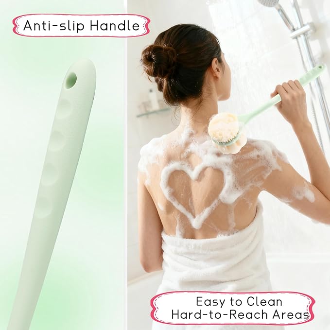 1-Pack Green Double Sided Bath Brush with Soft Bristles and Loofah,Long Handle Back Scrubber,Exfoliating Back Shower Brush for Women and Men
