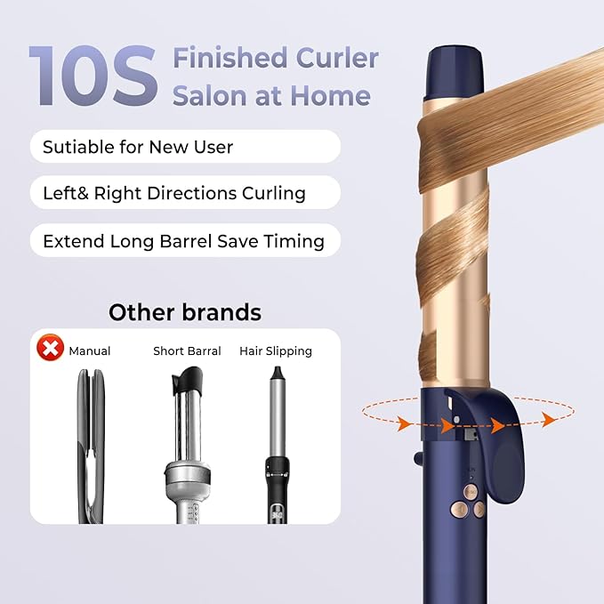 Rotating Curling Iron, 5 Temperature 1 1/4 in Automatic Curling Iron, Double Voltage 360° Rotating Auto Curling Wands, 1H Auto-Off & 30s Fast Heat Self Curler Travel Hair Styling Tools