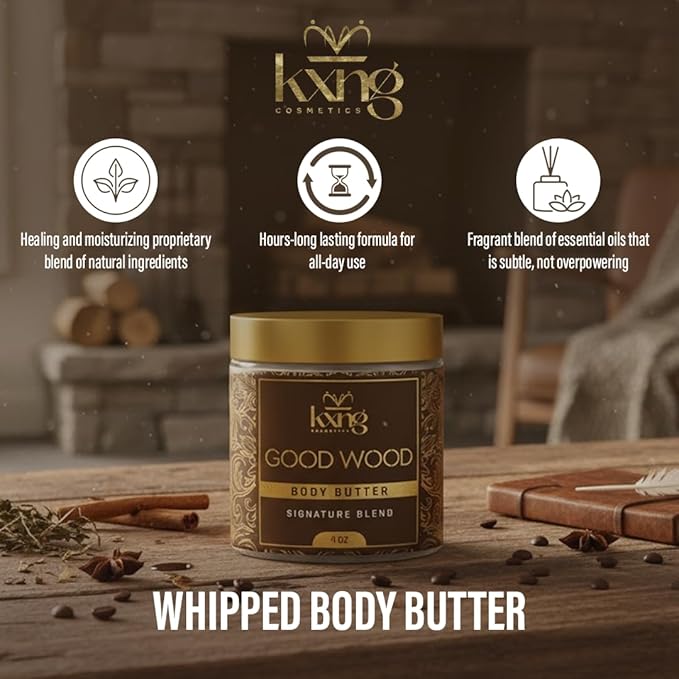 KXNG Cosmetics Organic Shea Body Butter Cream – 4oz | Mens Body Butter for Black Men & Women with Shea, Cocoa, Mango & Coconut Oil | Deep Moisturizing Cream for Dry Skin, Hands & Feet – Good Wood