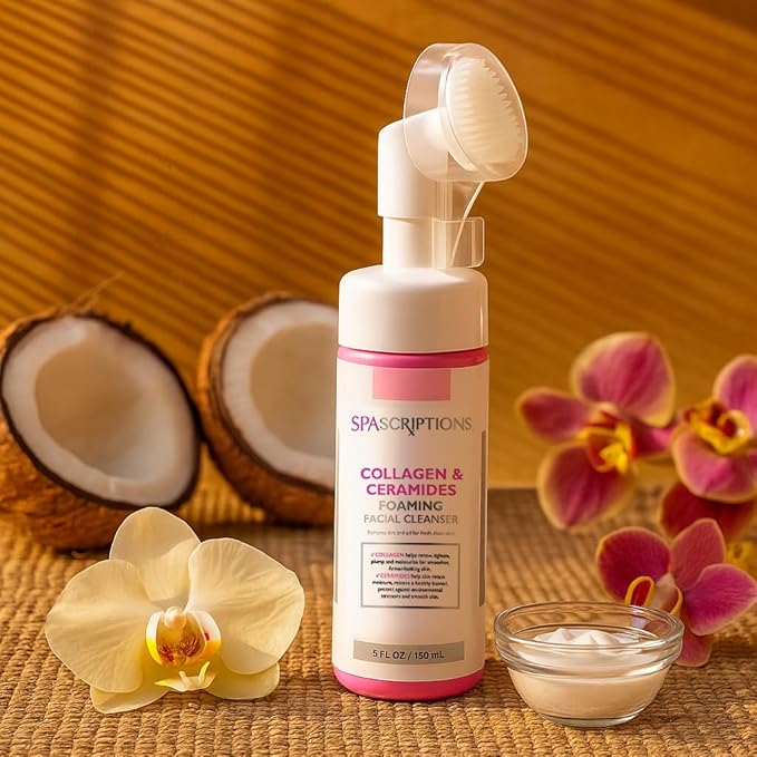 SpaScriptions Collagen & Ceramides Foaming Facial Cleanser, pH Balanced, Non Comedogenic, Paraben Free, For All Skin Types, 5 fl oz / 150 mL