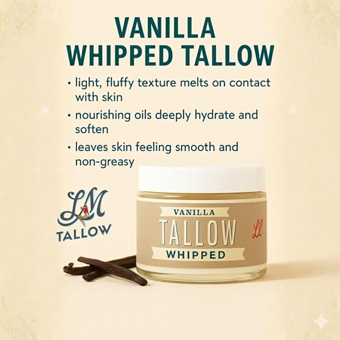 Whipped Tallow 9oz - All Natural Face Cream + Whole Body Moisturizer for Dry Skin - Made With Scented Oil Blend - No Preservatives, Parabens or Seed Oils - USA Made (Vanilla)