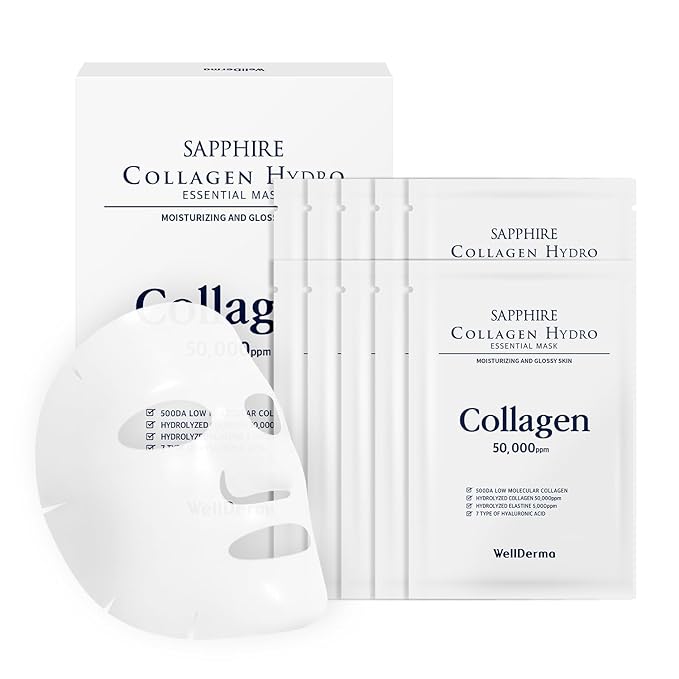 WELLDERMA Sapphire Collagen Hydro Essential Mask, 10 Sheets – Moisturizing & Soothing Sheet Mask with Collagen & Ceramide, 1.01 fl.oz (30mL) x 10ea