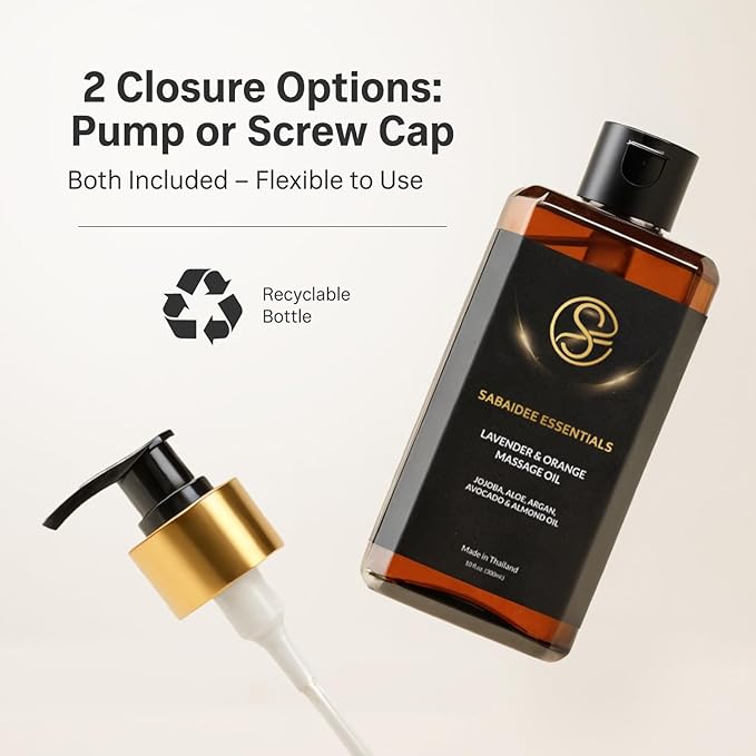 Aromatherapy Massage Oil - Lavender Oil & Orange 10 Fl Oz - Thai Body Oil for Massage Therapy with Jojoba, Avocado, Argan, Aloe, Almond – Relaxing Body Care & Self-Care