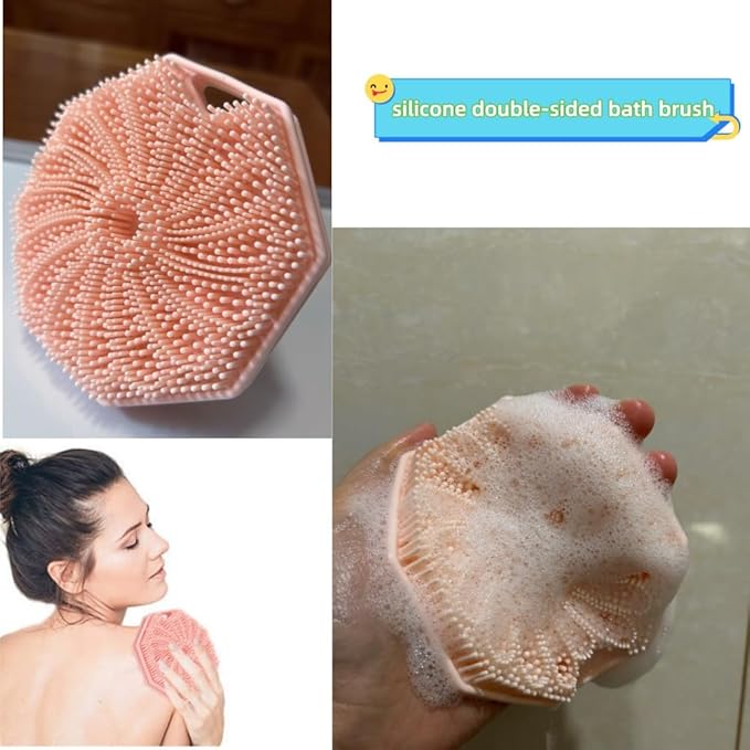 Silicone Body Scrubber Double-Sided Design，Silicone Loofah Double-Sided Body Brush，Women Men Shower Body Brush for Effective Exfoliation (Pink)