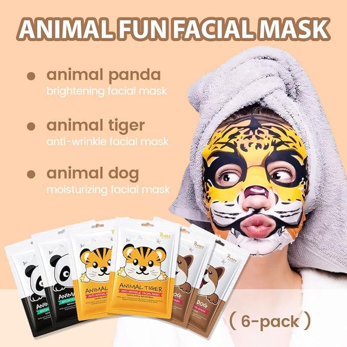 6 Pack Animal Character Kids Face Masks Spa, Korean Soothe Facial Sheet Mask for All Skin Types, Spa Masks For Girls, Girls Night Skincare Spa Party, Birthday Gifts for Women Men, (Animal 6Pcs)