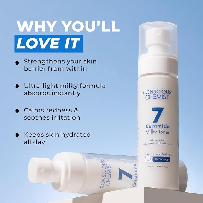 Conscious Chemist® Hydrating Milky Face Toner – 3.4 fl oz (100ml) | with 7 Ceramide Complex & Niacinamide | Soothes, Smooths & Strengthens Skin Barrier | for Glowing Skin | All Skin Types