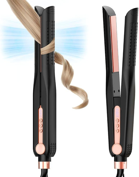 SKIMI Airflow Styler, Titanium Flat Iron Hair Straightener, Professional Curling Iron with Cooling Air Vents to Lock in Style, 5 Temps & Dual Voltage, Auto Off (Black & Gold Pink).