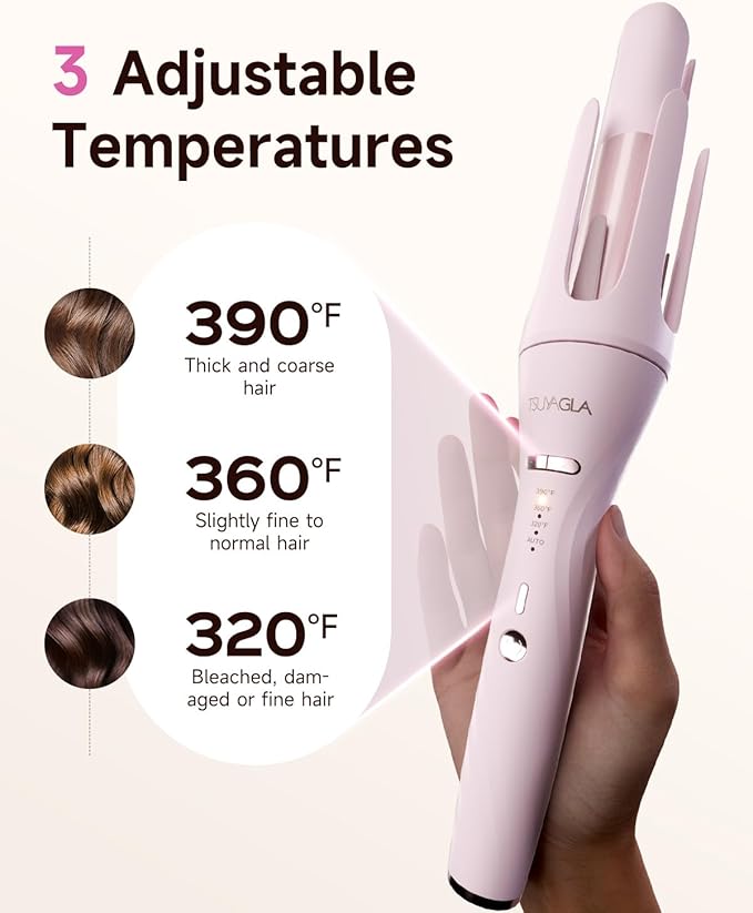 5 in 1 Auto Curling Iron Set with Interchangeable Barrels - 1", 1.25", 1.5" Curling Wand, Hair Crimper & Straightening Brush, Rotating Ceramic Curler, 3 Temp, Dual Voltage, Anti-Scald, Pink