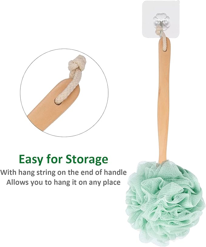 Loofah Sponge Back Scrubber, Wooden Long Handle Bath Sponge Lufa Shower Brush, Soft Nylon Mesh Back Cleaner Washer, Men & Women Exfoliating Luffa Pouf on a Stick for Body (Green)