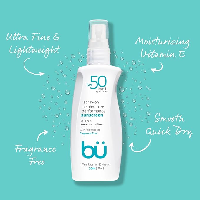 BU SPF 50 Sunscreen Spray for Face and Body, Fragrance Free, Clear, Non Greasy, Water Resistant, for Sensitive Skin, 3.3 oz