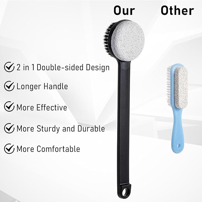 Pumice Stone for Feet and Shower Brush with Long Handle 14", Hard Skin Callus Remover, 2 in 1 Foot Scrubber Brush, Back Scrubber Body Brush for Shower Deep Cleansing and Exfoliating (Straight)