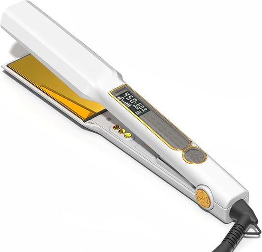 Thirtek Professional Hair Straightener,1.5 inch Ceramic & Titanium Flat Iron,15 Adjustable Temperature Levels,LCD Display, 25s Quick Heat Up,Styling Tools for Thick Hair,Dual Voltage,White&Gold