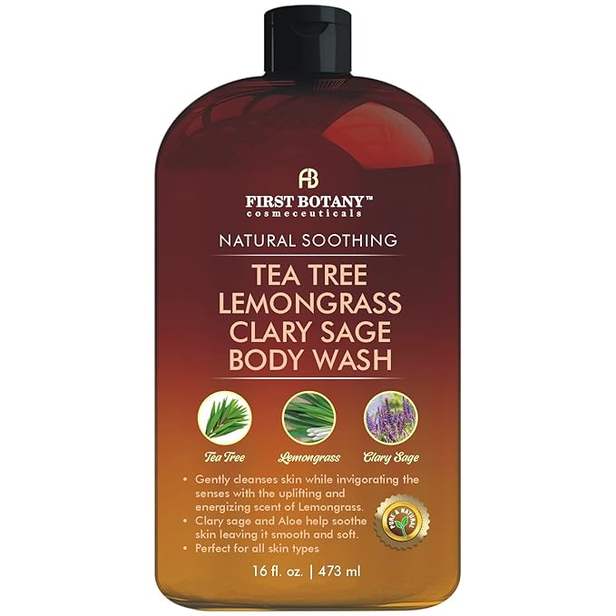First Botany, ALL Natural Body Wash, Fights Body Odor, Athlete's Foot, Jock Itch, Dandruff, Acne, Eczema, Shower Gel for Women & Men, Skin Cleanser -16 fl oz (Tea Tree, Lemon Grass, Clary Sage)