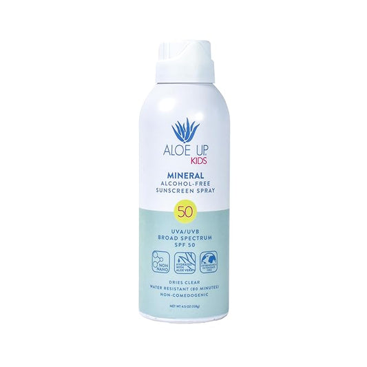 Aloe Up Kids Broad Spectrum Mineral Sunscreen Spray SPF 50 - Alcohol-Free Face and Body Sun Protector for Sensitive Skin - With Gen2 Zinc Oxide and Aloe Vera - Reef Safe - Fragrance-Free - 4.5 Oz