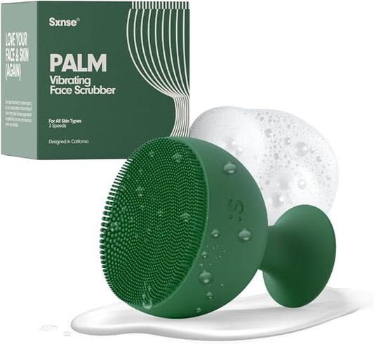 Palm Face Clean Pro⁺ - Electric Silicone Face Scrubber for Acne with 7000+ Sonic Pulses - IPX7 Waterproof Rechargeable Exfoliator with Slip-Free Grip, 3 Speed Settings & Phthalate-Free - Forest