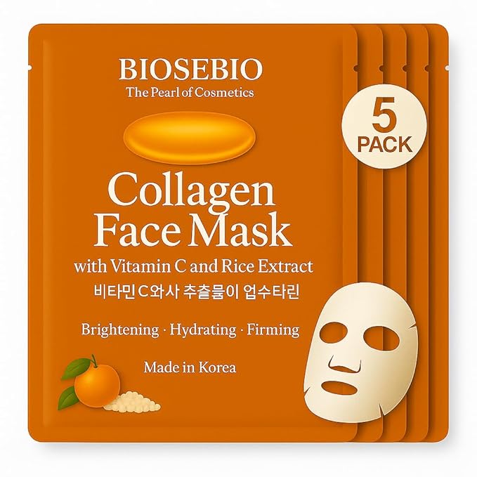 BIOSEBIO Korean Collagen Face Mask with Vitamin C & Rice Extract -5 Packs - Hyaluronic Acid Sheet Masks for Deep Hydration & Anti-Aging - Moisturizing Facial Skincare for Women
