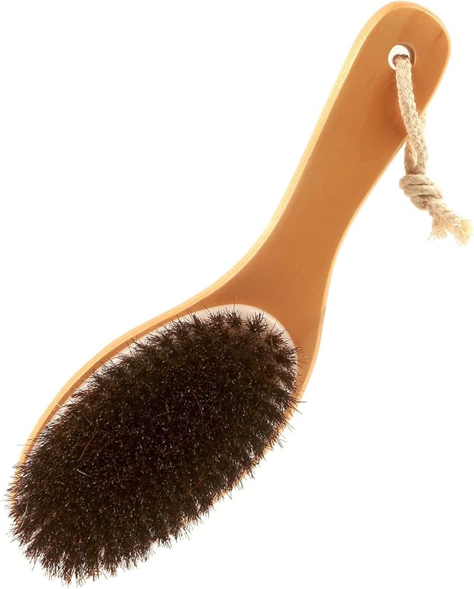 Curved Handle Dry Bath Body Brush Scrubber with Natural Bristles, 9.84 Inch Wood or Bamboo Handle Shower Brush for Detox, Exfoliating, Cellulite, etc. (White Horsehair Wood Handle)